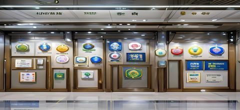 九游娱乐安全认证证书展示区，多个国际权威机构认证徽章排列整齐，专业可信
