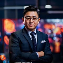 九游娱乐游戏产品总监王浩然，休闲商务装束，游戏开发工作室背景，充满创意活力