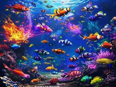 九游娱乐捕鱼游戏场景，海底世界五彩斑斓的鱼群在炮火中爆炸，画面动感十足